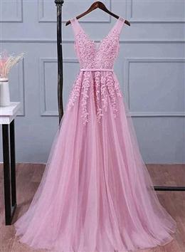 Picture of Lovely Pink V-neckline Long Party Dresses ,Tulle Bridesmaid Dresses